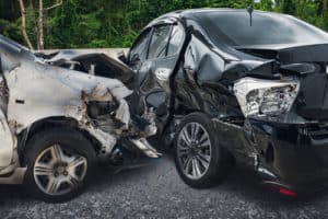 Two totaled cars after a t-bone crash