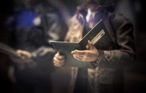 Policeman is reviewing files and documents