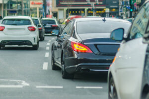 Business car in traffic on the road.