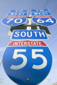 signs for Interstates 70, 64, and 55