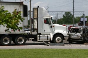 car destroyed after colliding with a truck