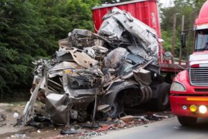 Red truck wrecked on road
