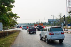 Vehicles driving through construction zone