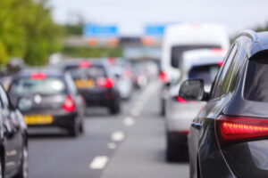 Panoramic view of heavy traffic on the road