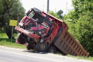 Truck lies in a ditch after an accident