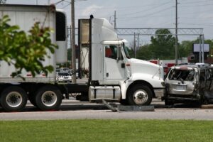 White truck crashes into a car at an intersection